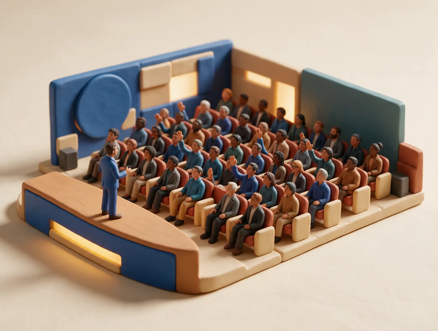 A miniature auditorium. A few audience members raise their hands.
