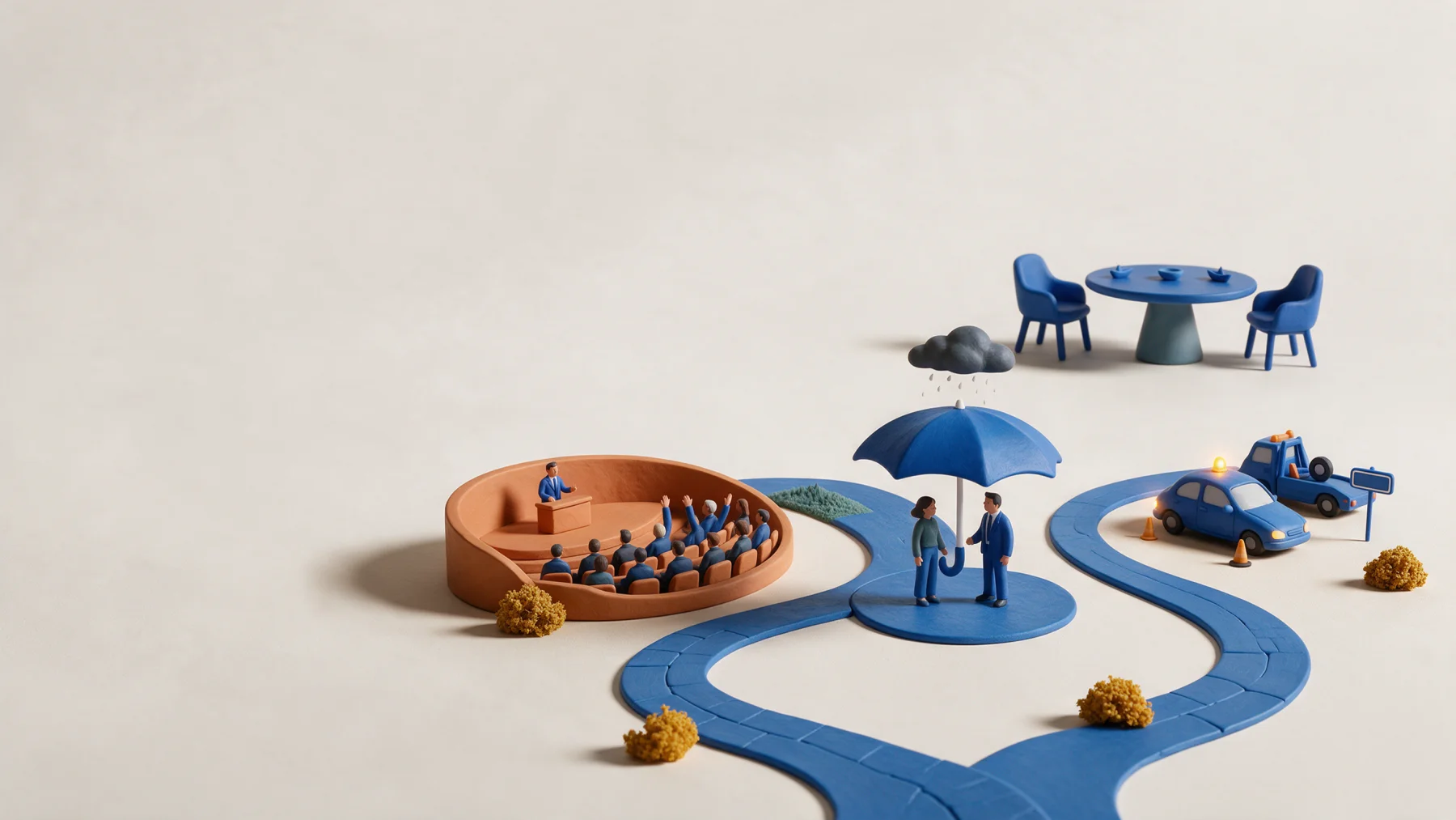 A shared miniature world with an auditorium, an umbrella and roadside assistance, connected by blue paths.
