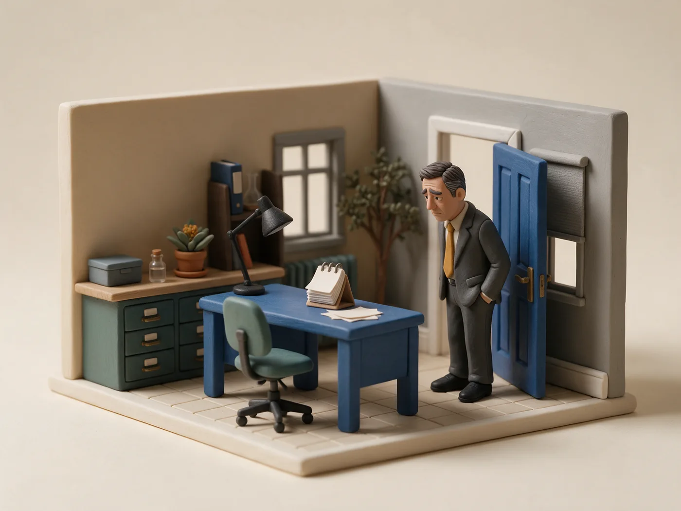 Office with an empty desk and a desk calendar, a man at the door: role open for 70 days